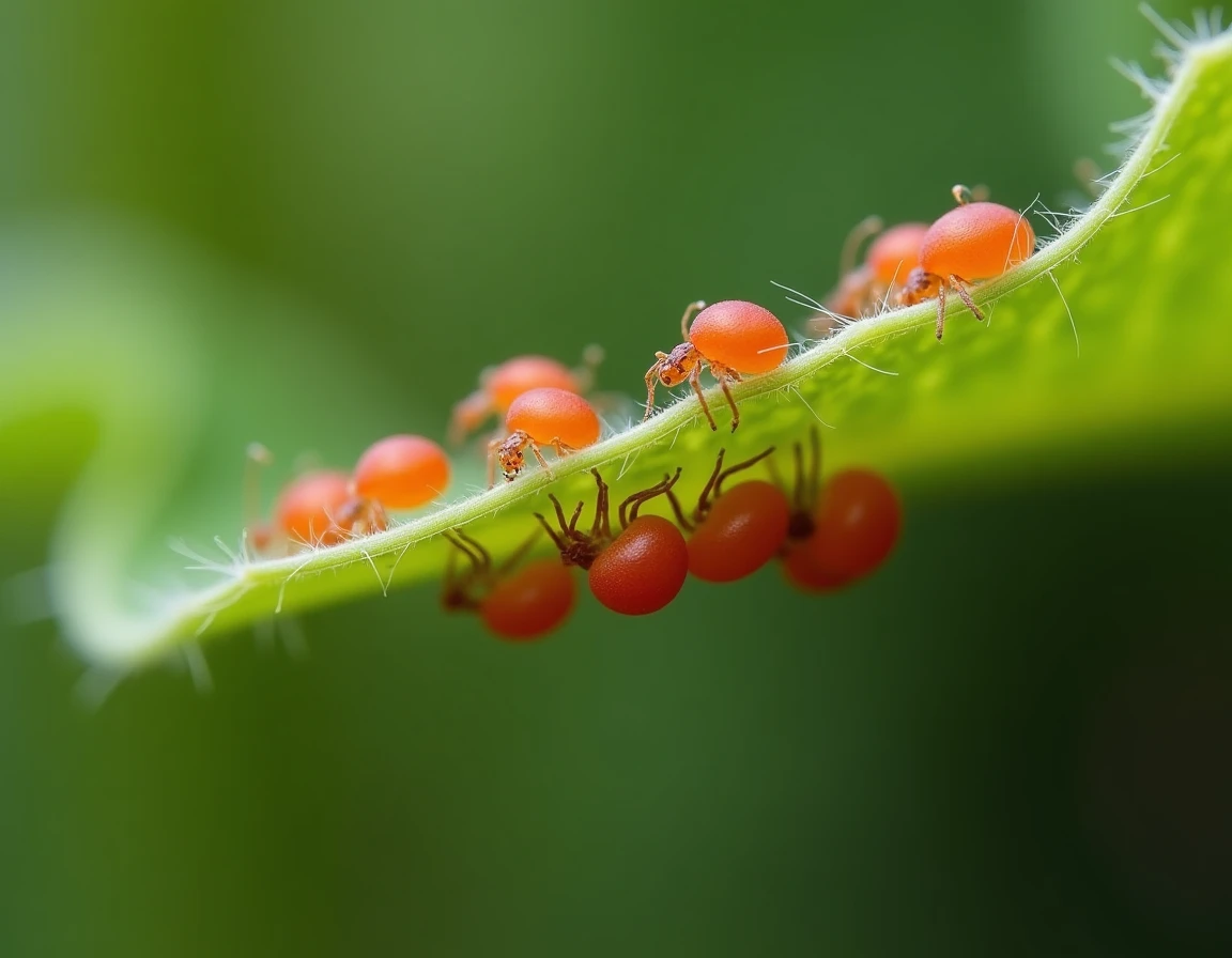 Gros plan macro sur des petits acariens rouges regroupés sous une feuille de jardin avec leurs toiles fines visibles