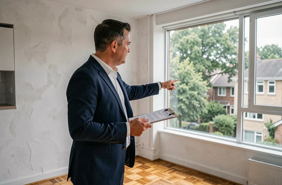 Agent immobilier présentant un appartement vide en location lors d'une visite de bien