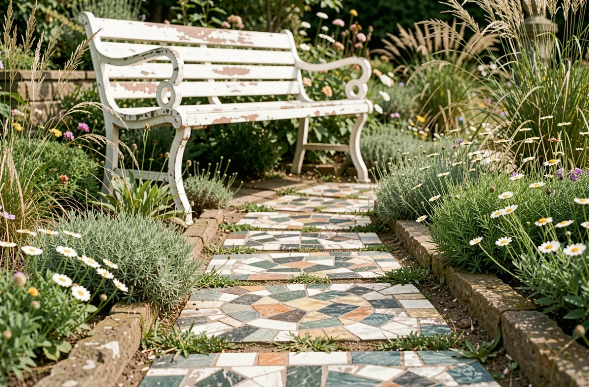 Allée en mosaïque bordée de plantes aromatiques menant à un banc de jardin vintage dans un jardin champêtre
