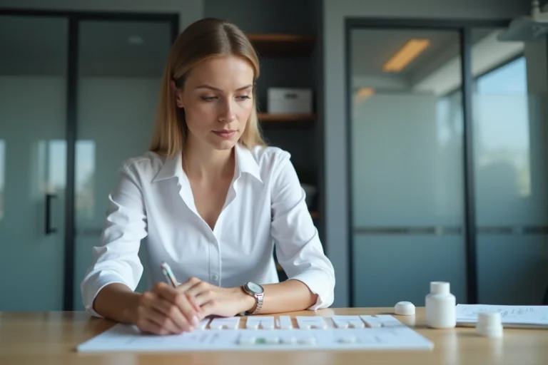 Femme professionnelle analysant des critères de qualité sur des échantillons disposés sur une table en bois dans un bureau moderne