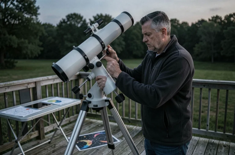 Astronome amateur réglant son télescope Schmidt-Cassegrain dans un observatoire de jardin au crépuscule, illustrant la valeur du matériel astronomique à protéger