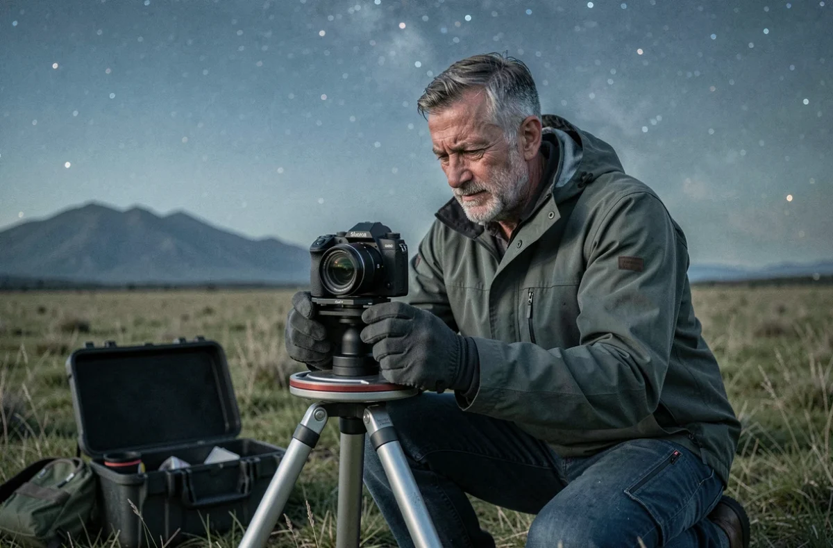 Astrophotographe installant un suivi motorisé et un appareil photo dans un champ nocturne, illustrant les risques liés au transport et à l'utilisation de matériel astronomique coûteux