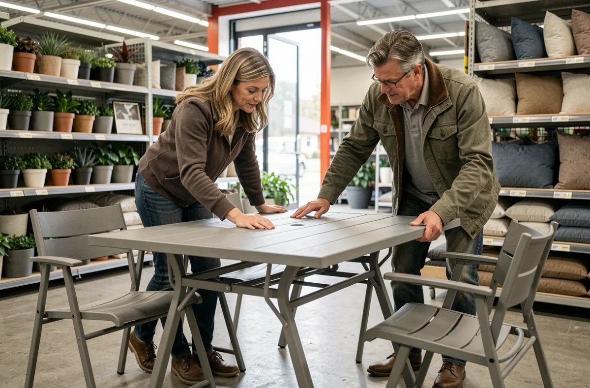 Couple choisissant une table de jardin pliante dans un magasin de bricolage pour leur espace extérieur familial