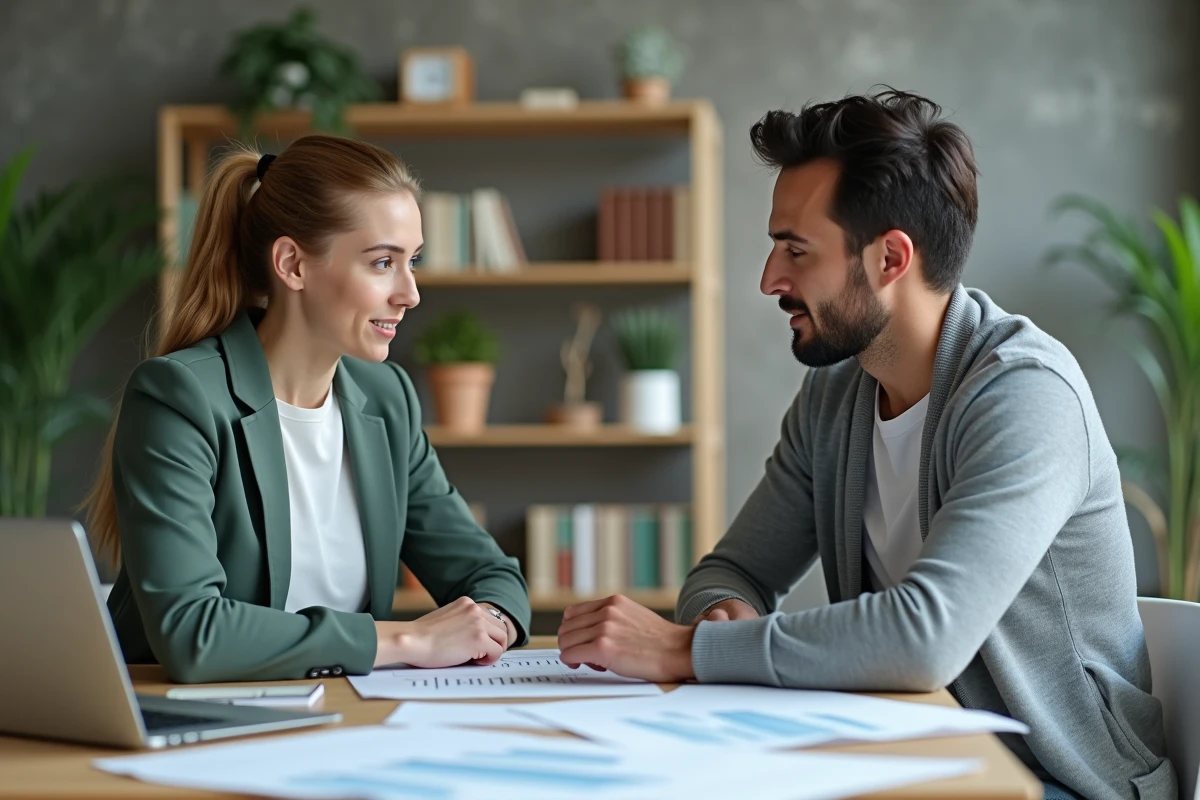 Deux collègues examinant ensemble des grilles d'évaluation et des critères de qualité différenciés dans un espace de travail collaboratif moderne