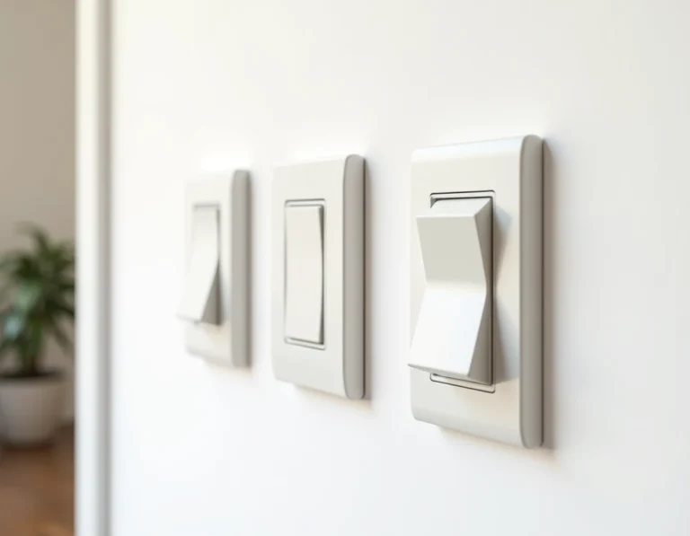 Comparaison de trois interrupteurs électriques muraux Legrand aux designs différents montés côte à côte sur un mur blanc