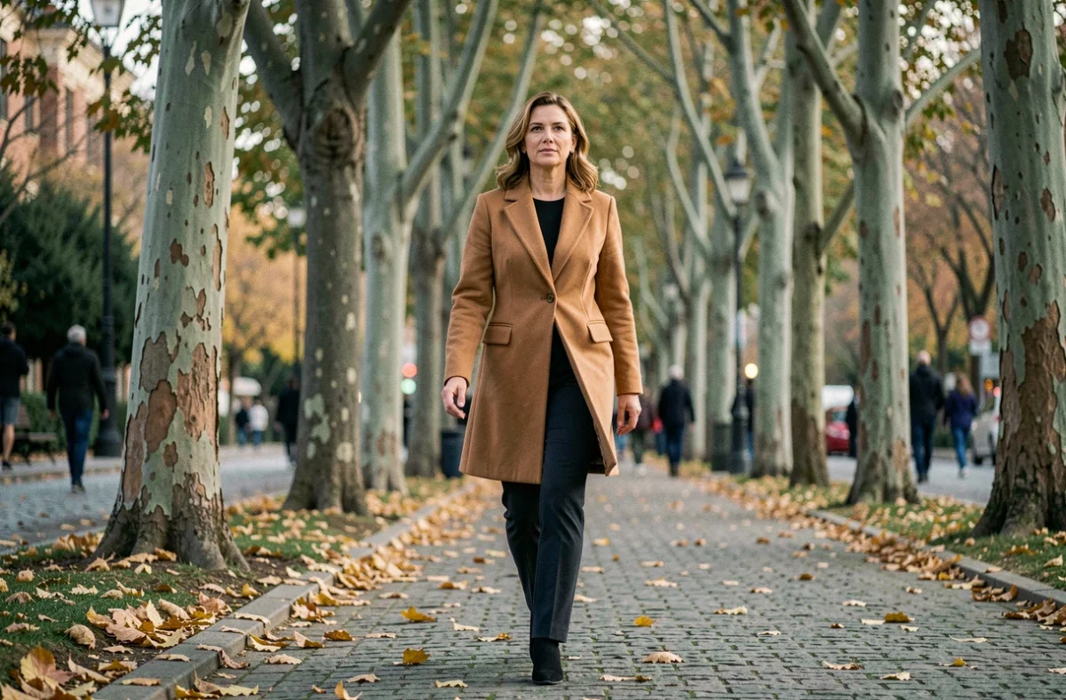 Femme élégante marchant sous les arbres en automne, portrait de la conjointe de Guillaume Larrivé en promenade urbaine