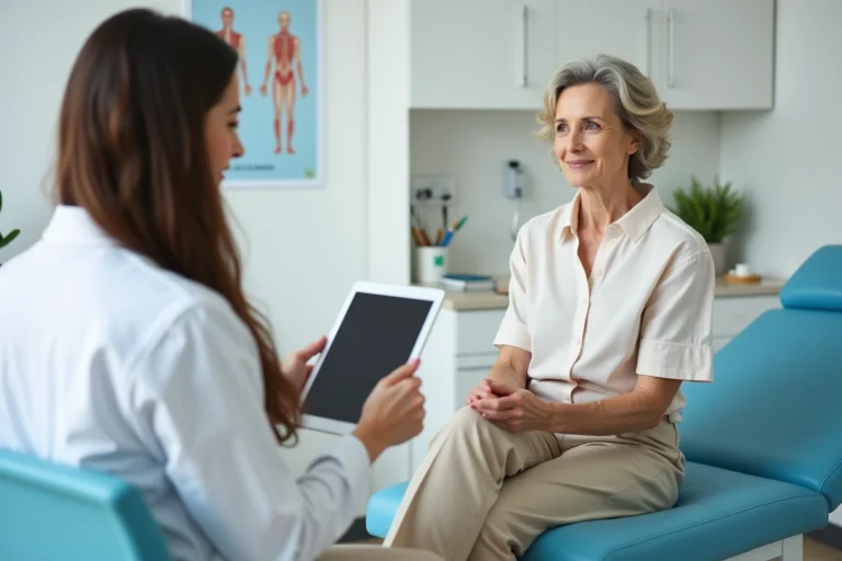 Femme de 40 ans en consultation médicale rassurante