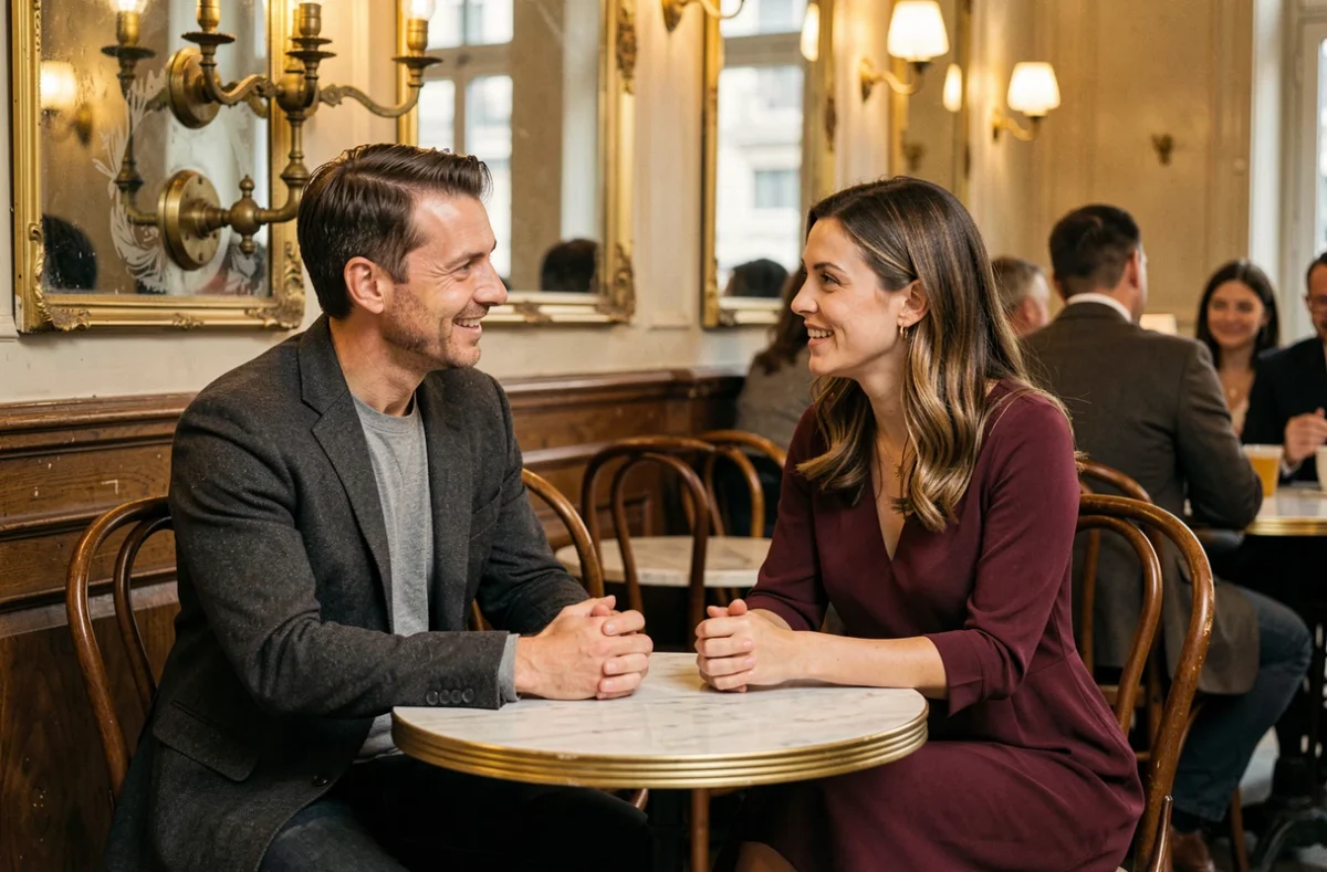 Portrait naturel d'un couple en discussion dans une brasserie parisienne, conjointe de Guillaume Larrivé au quotidien