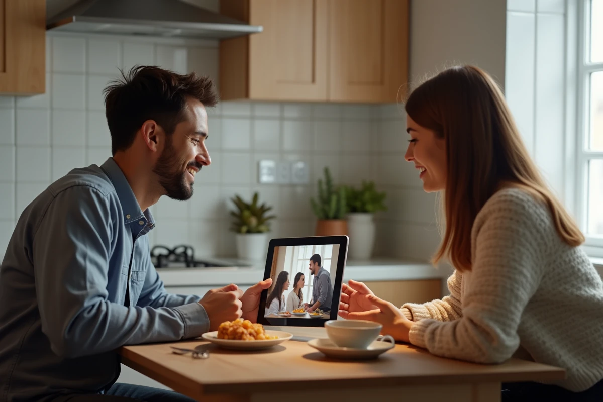 Jeune couple regardant une tablette dans la cuisine lumineuse