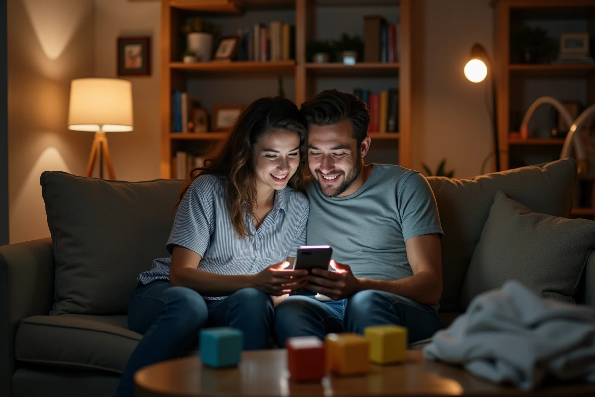 Couple de parents épuisés mais complices assis sur un canapé en soirée entouré de jouets et de linge de bébé, réalité partagée de la vie parentale