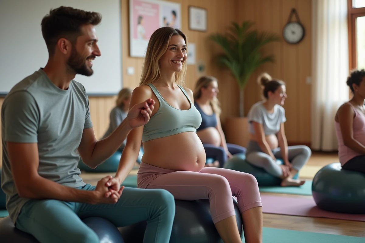 Couple en cours de préparation prénatale en groupe