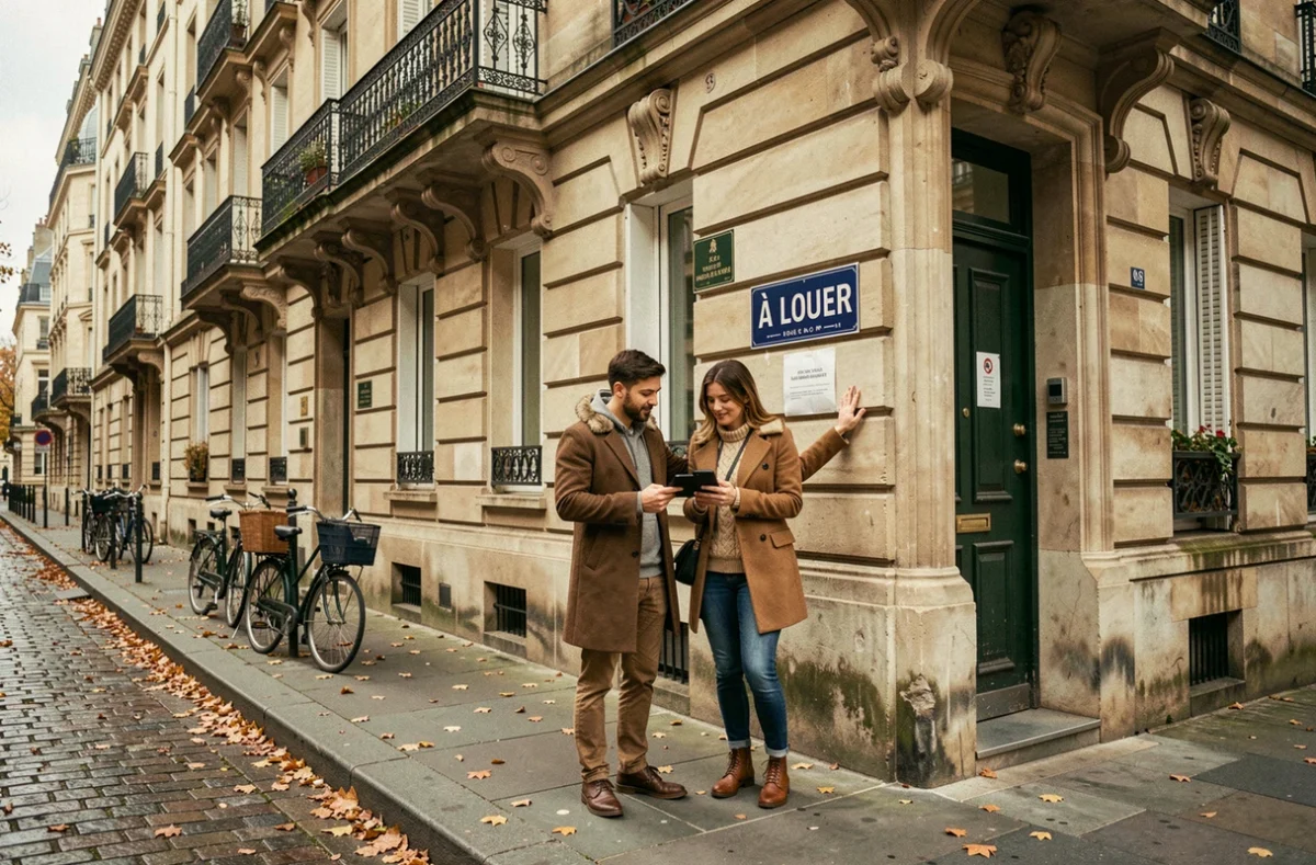 Couple examinant une annonce de location devant un immeuble haussmannien dans une rue parisienne