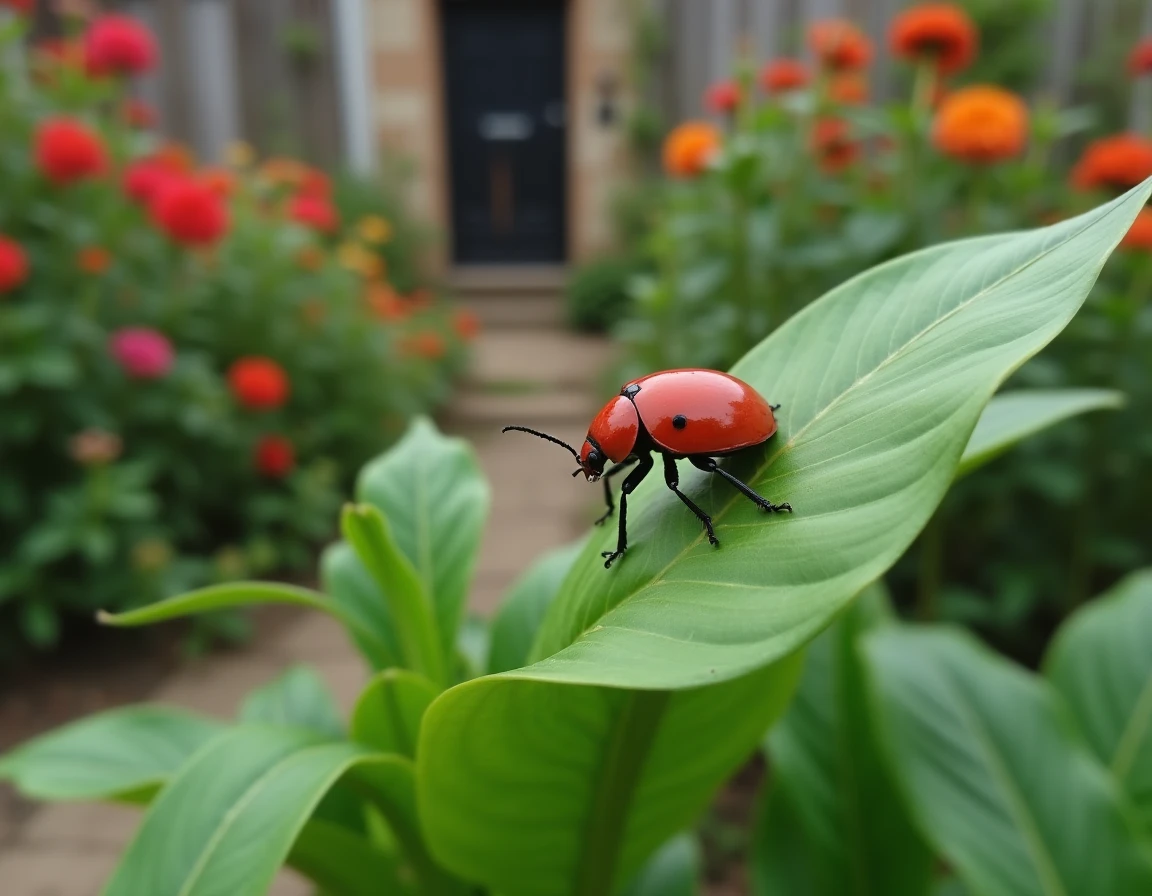 Criocère du lis rouge posé sur une feuille de lys dans un jardin de cottage entouré de végétation floue