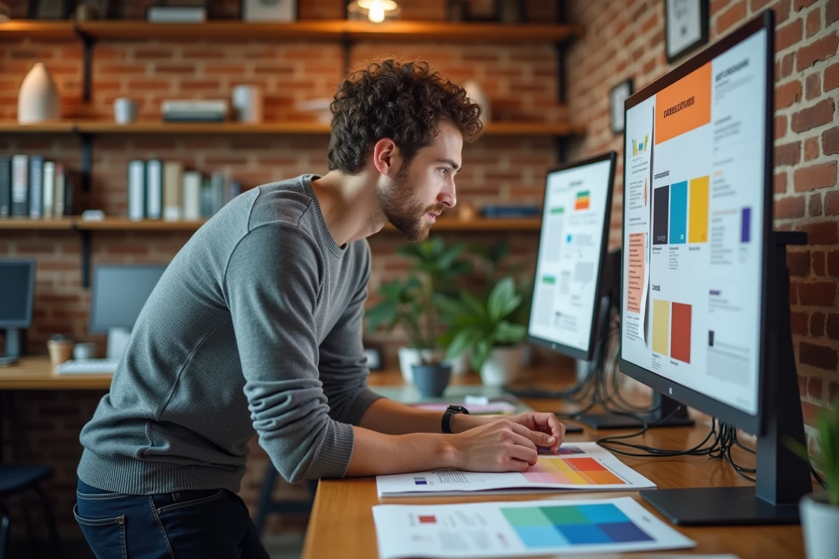 Designer graphique travaillant sur l'identité visuelle d'une entreprise dans un studio créatif