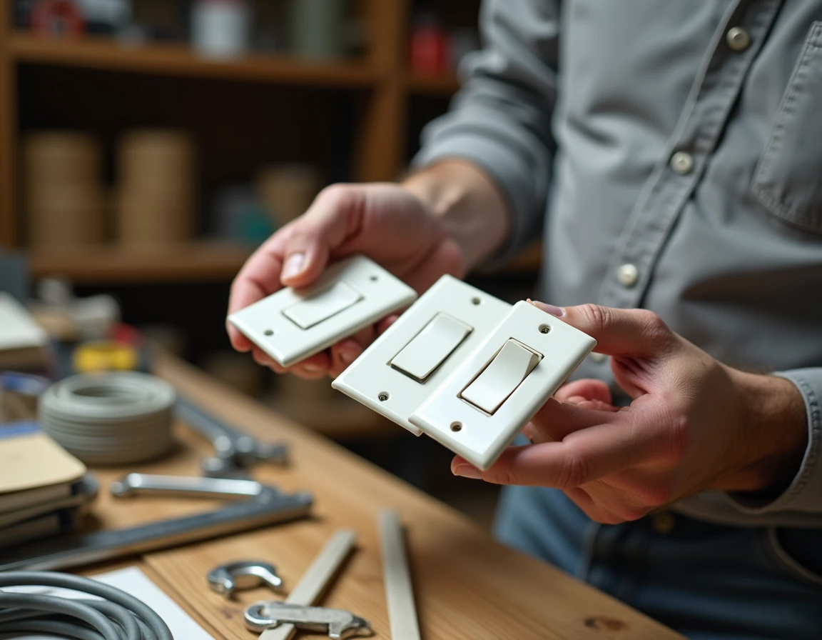 Électricien tenant trois modèles d'interrupteurs Legrand différents pour les comparer dans un atelier professionnel