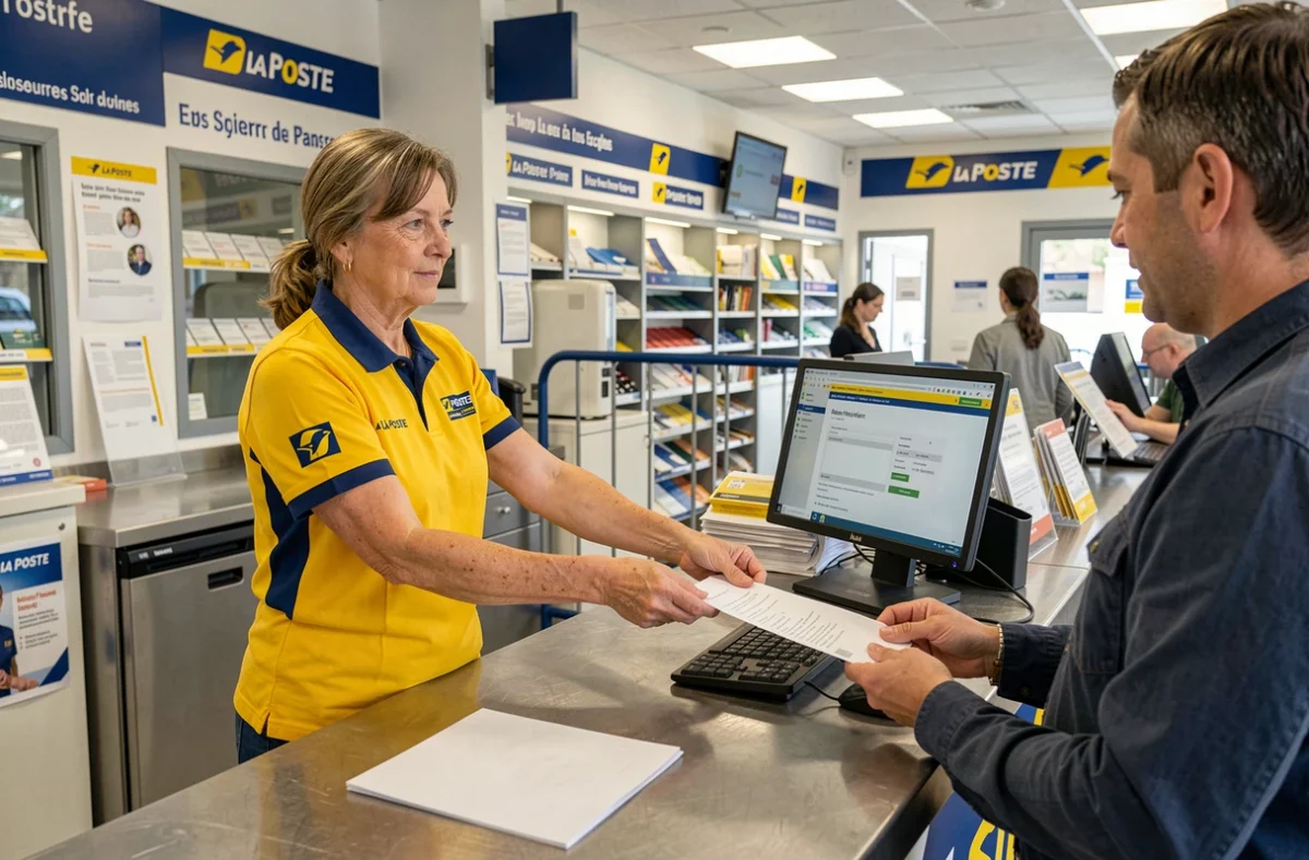 Employée de La Poste en uniforme gérant des démarches de retraite au guichet