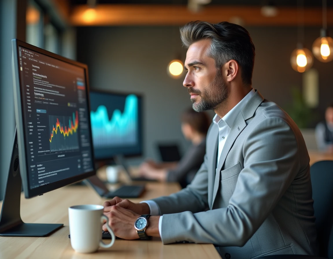Entrepreneur masculin analysant des graphiques de croissance commerciale sur un écran dans un espace de coworking contemporain