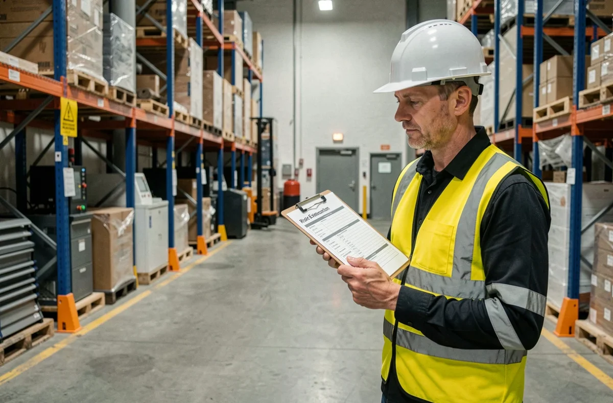 Technicien en sécurité effectuant une évaluation des risques professionnels dans un entrepôt industriel