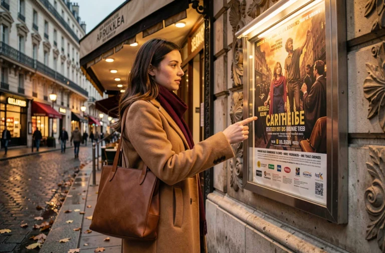 Jeune femme devant l'affiche d'un événement culturel sur un boulevard parisien en automne