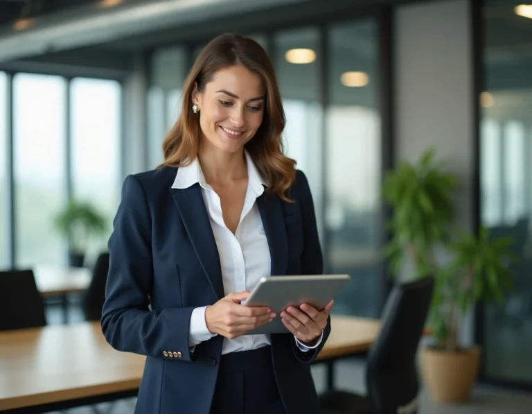 Femme d'affaires professionnelle en blazer marine consultant une tablette dans un bureau moderne en open space