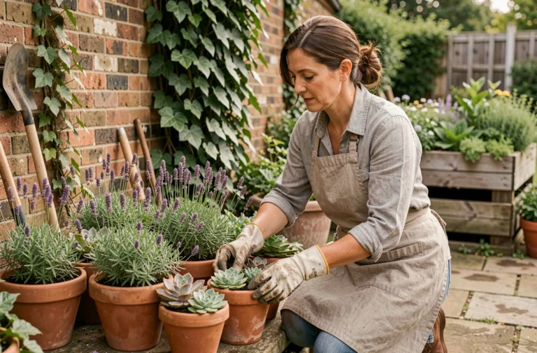Femme arrangeant des pots en terre cuite avec des plantes aromatiques le long d'un chemin en pierre dans un jardin verdoyant