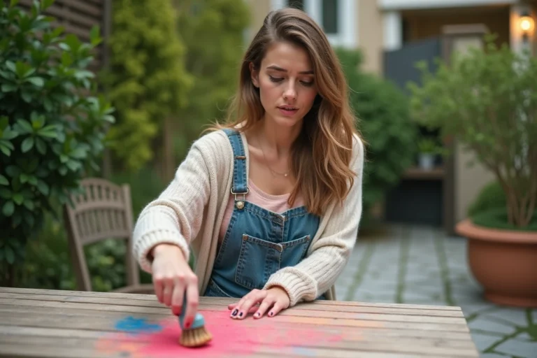 Jeune femme nettoyant une table en bois dans son jardin