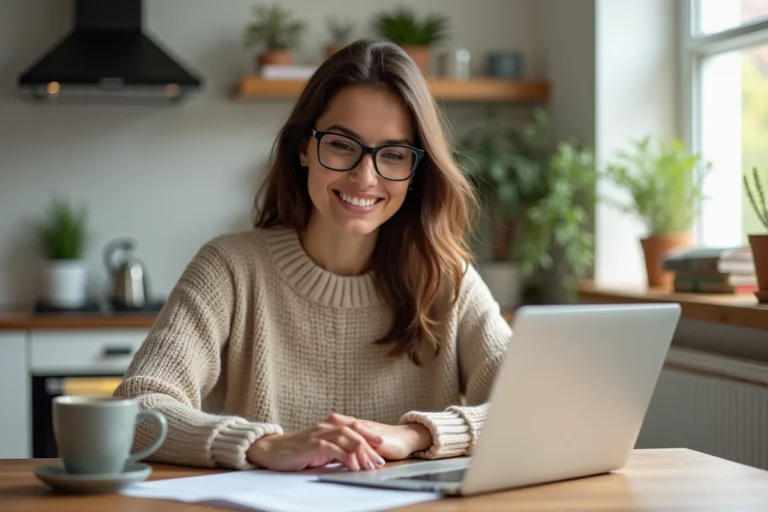 Femme concentrée travaillant sur son ordinateur dans une cuisine lumineuse