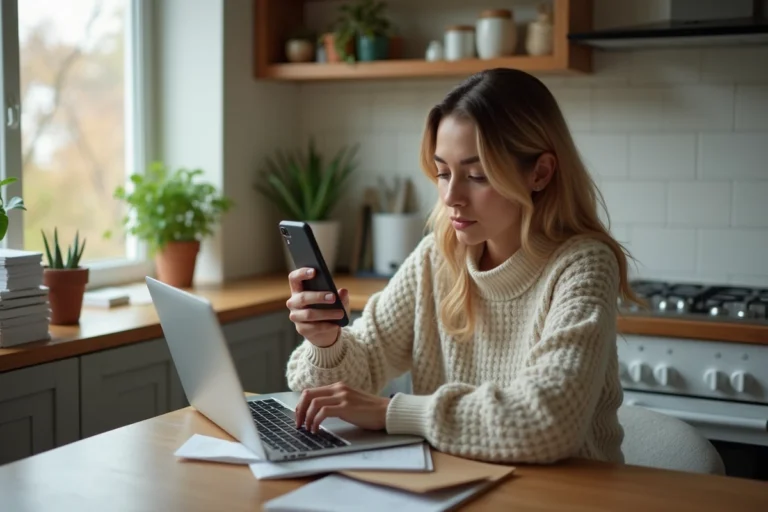 Jeune femme compare plans de téléphonie à la maison