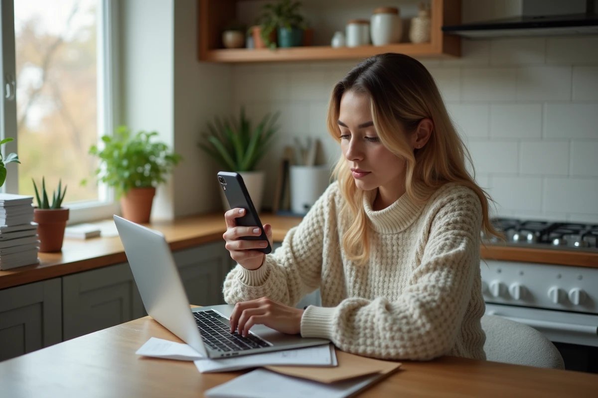 Jeune femme compare plans de téléphonie à la maison