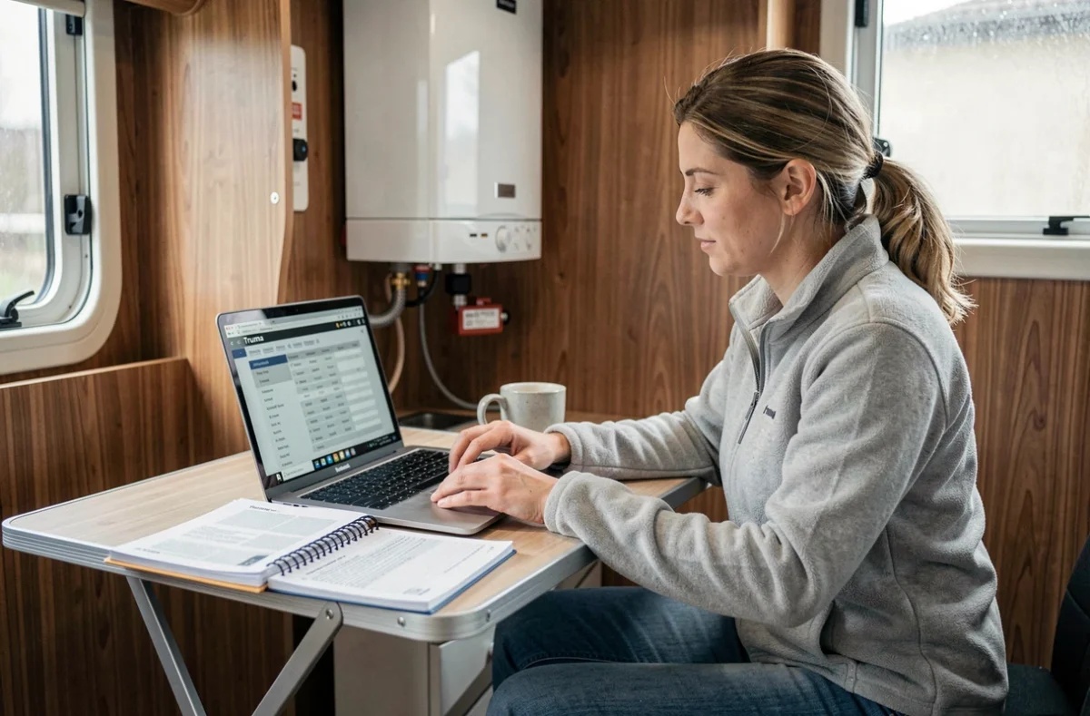 Femme consultant la liste des codes erreur Truma sur un ordinateur portable dans un camping-car
