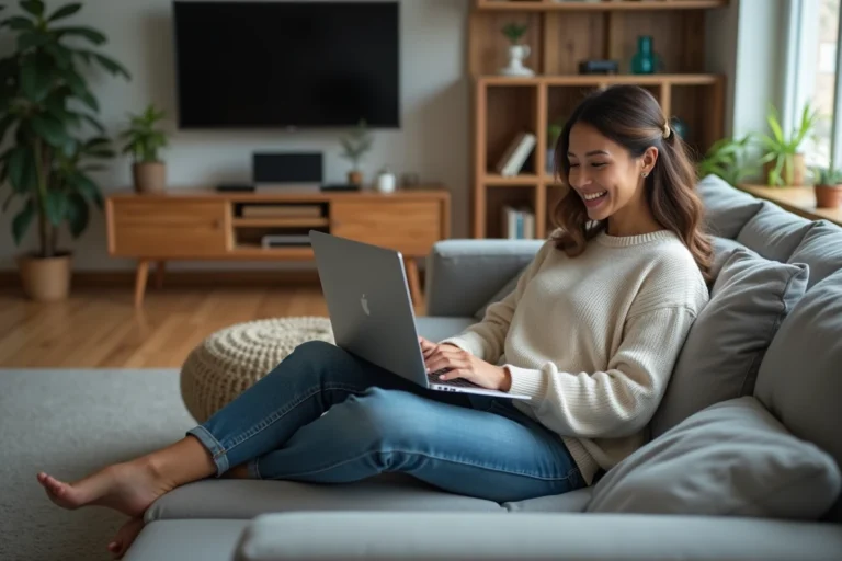 Femme détendue regardant une série dans un salon moderne