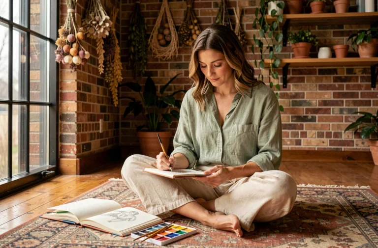 Femme créative assise sur un parquet en bois dans un studio cosy, dessinant dans un carnet aquarelle entouré de plantes et d'objets artisanaux