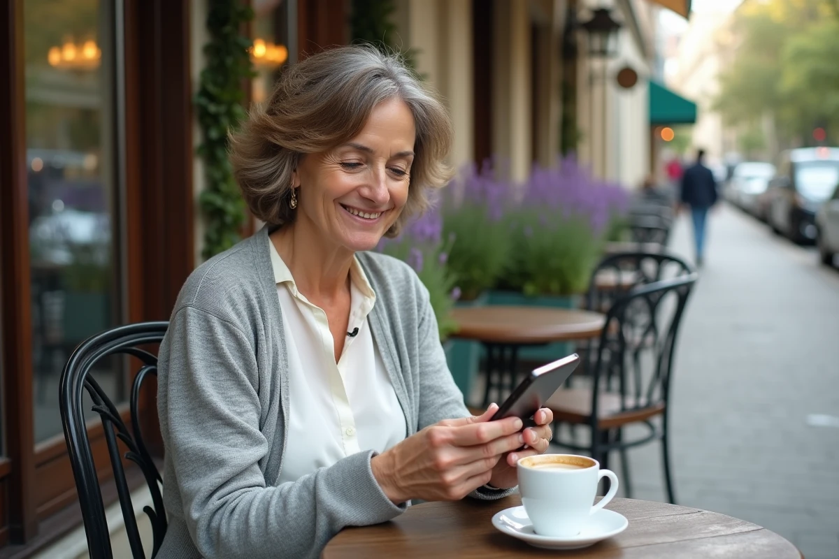 Femme lisant un ebook gratuit sur smartphone en terrasse de café parisien