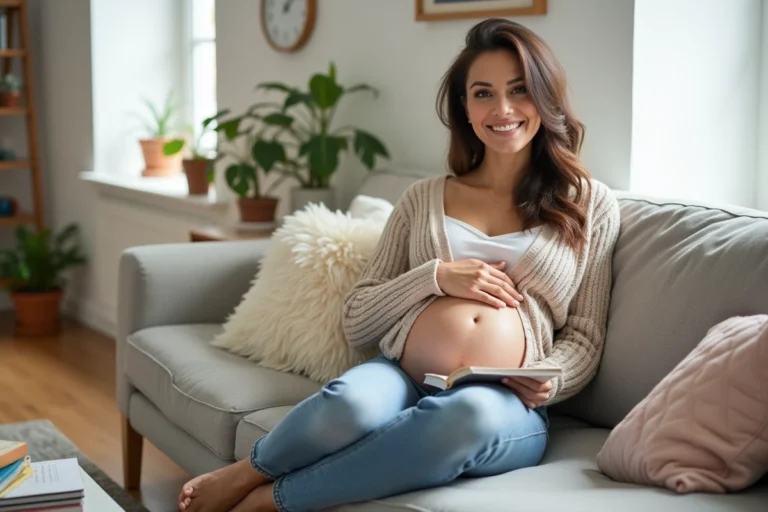 Femme enceinte souriante dans un salon lumineux