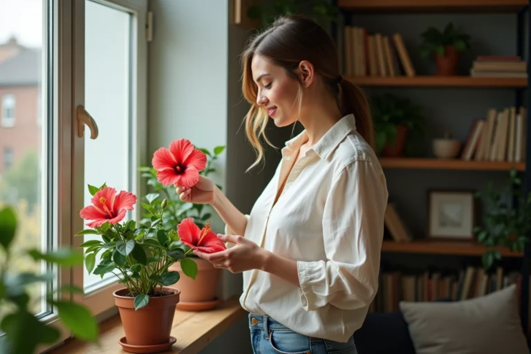Femme en intérieur arrosant un hibiscus en fleurs