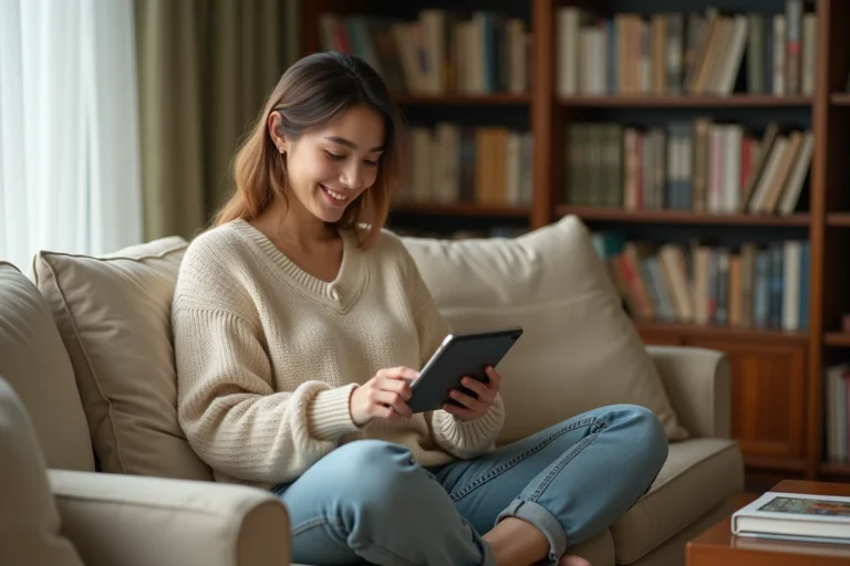 Jeune femme lisant un ebook gratuit sur une tablette dans un salon moderne et cosy