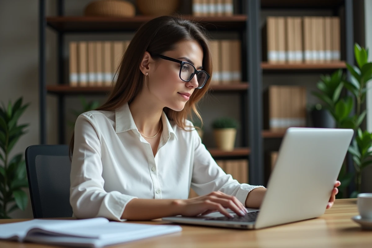 Jeune femme lisant des nouvelles financières à son bureau