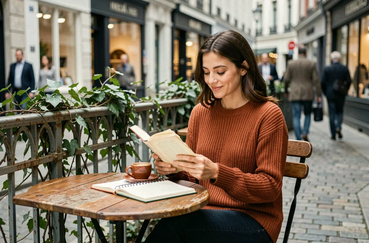 Jeune femme lisant un livre en terrasse de café en ville, carnet et café posés sur la table, atmosphère urbaine douce et créative