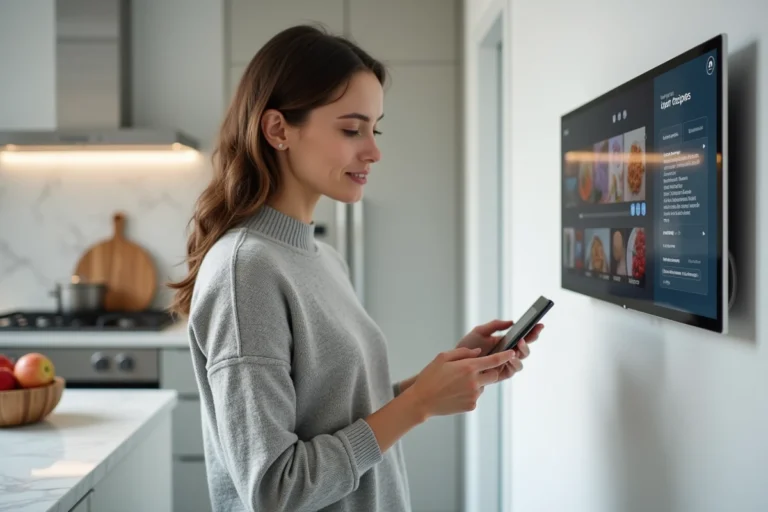 Femme utilisant un écran connecté de maison intelligente dans une cuisine moderne et minimaliste
