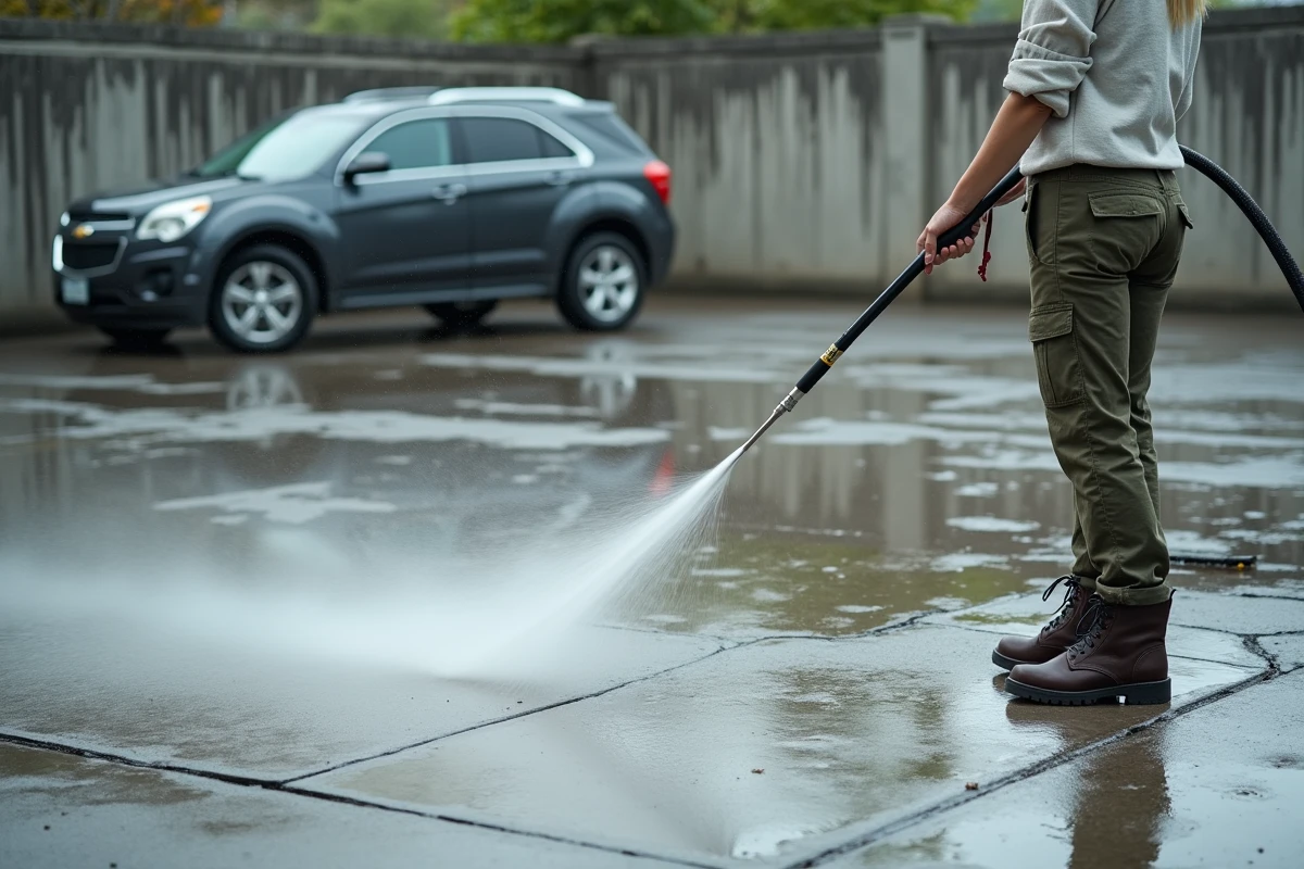 Femme utilisant un nettoyeur haute pression pour enlever des traces de pneus sur une dalle en béton de parking