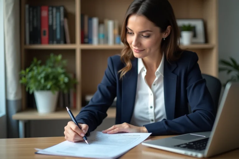 Femme professionnelle révisant un CV moderne avec des compétences informatiques annotées à son bureau à domicile