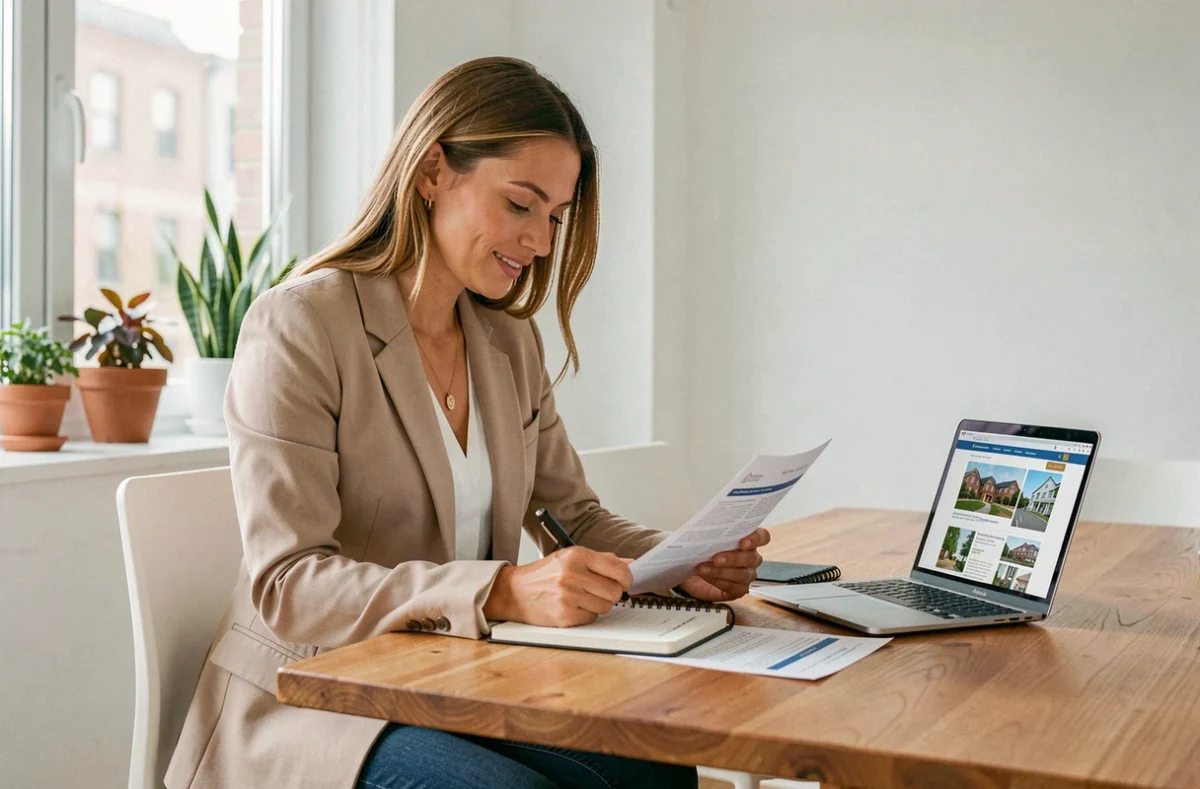 Femme consultant des annonces immobilières sur papier et ordinateur portable pour trouver une location idéale