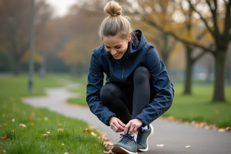 Femme en tenue de sport dans un parc urbain au matin