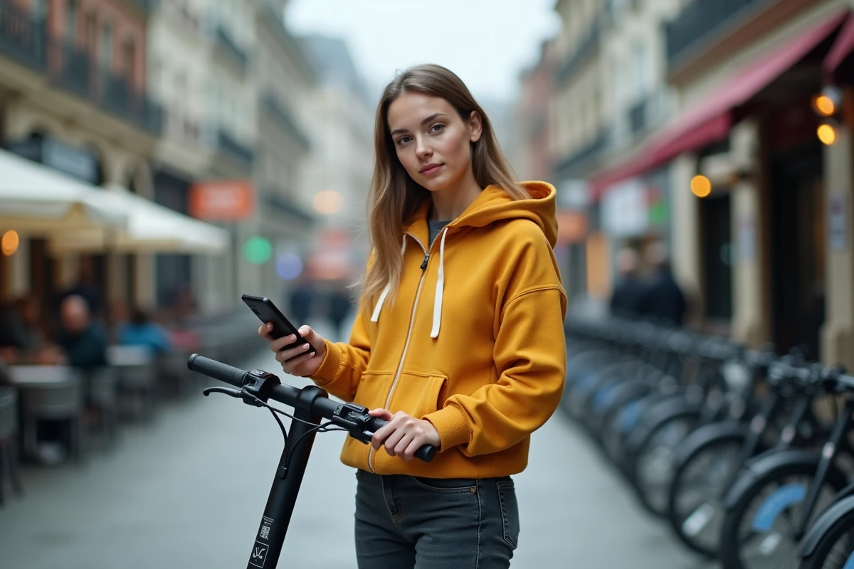 Jeune femme scannant un QR code pour déverrouiller une trottinette électrique connectée en ville
