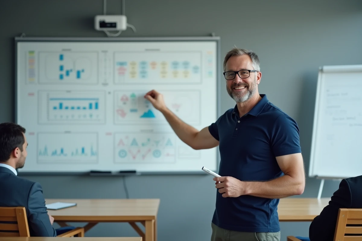 Formateur professionnel présentant des types de critères de qualité sur un tableau blanc lors d'une session de formation en entreprise