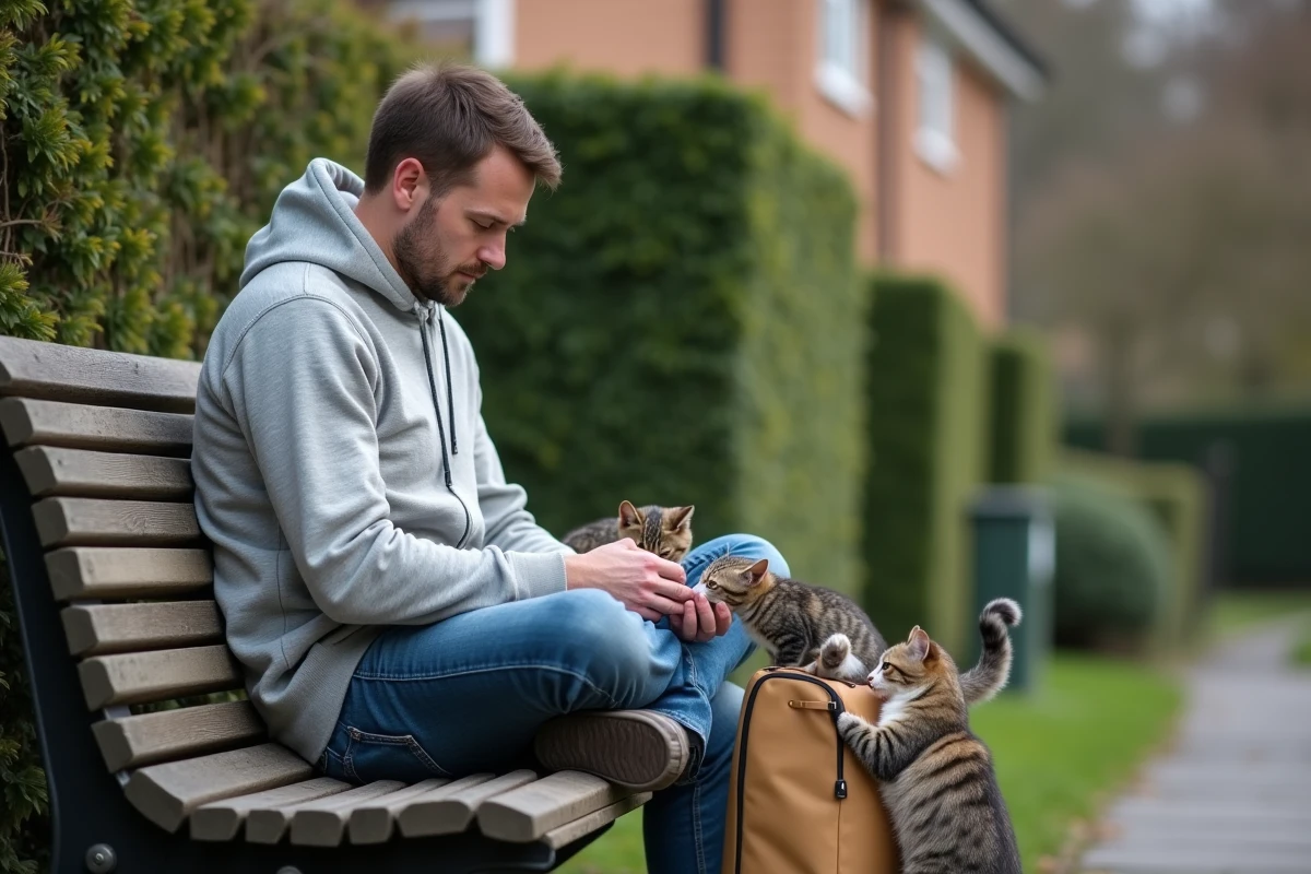 Homme assis dans un jardin résidentiel avec deux chats lors d'une garde d'animaux à domicile gratuite entre voisins
