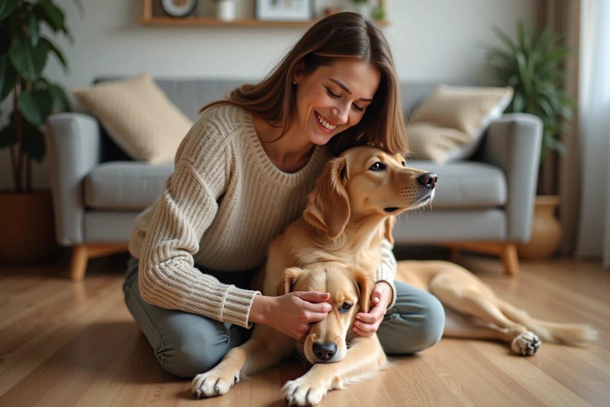 Femme souriante qui s'occupe d'un golden retriever à domicile dans un salon chaleureux, illustrant une garde d'animaux gratuite entre particuliers