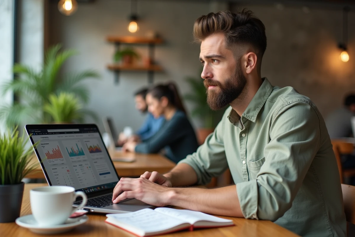 Gestionnaire de réseaux sociaux analysant des données pour optimiser la communication digitale d'une entreprise