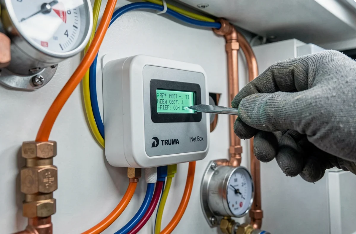 Gros plan sur le module Truma iNet Box affichant un code erreur dans un espace de maintenance de camping-car