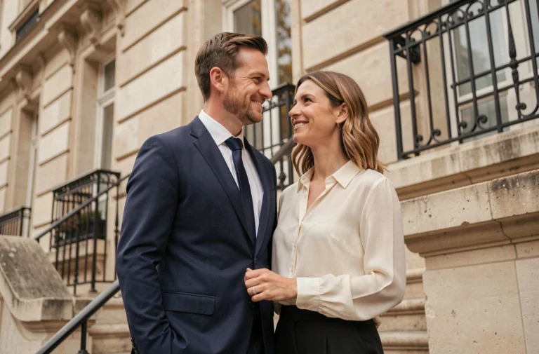 Couple élégant posant devant un immeuble haussmannien à Paris, portrait de Guillaume Larrivé et sa conjointe